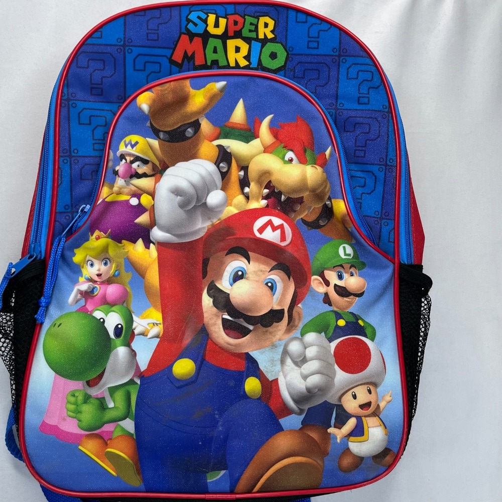 Nintendo Super Mario Backpack Kids Blue Red Polyester Graphic School Bag 16 inch